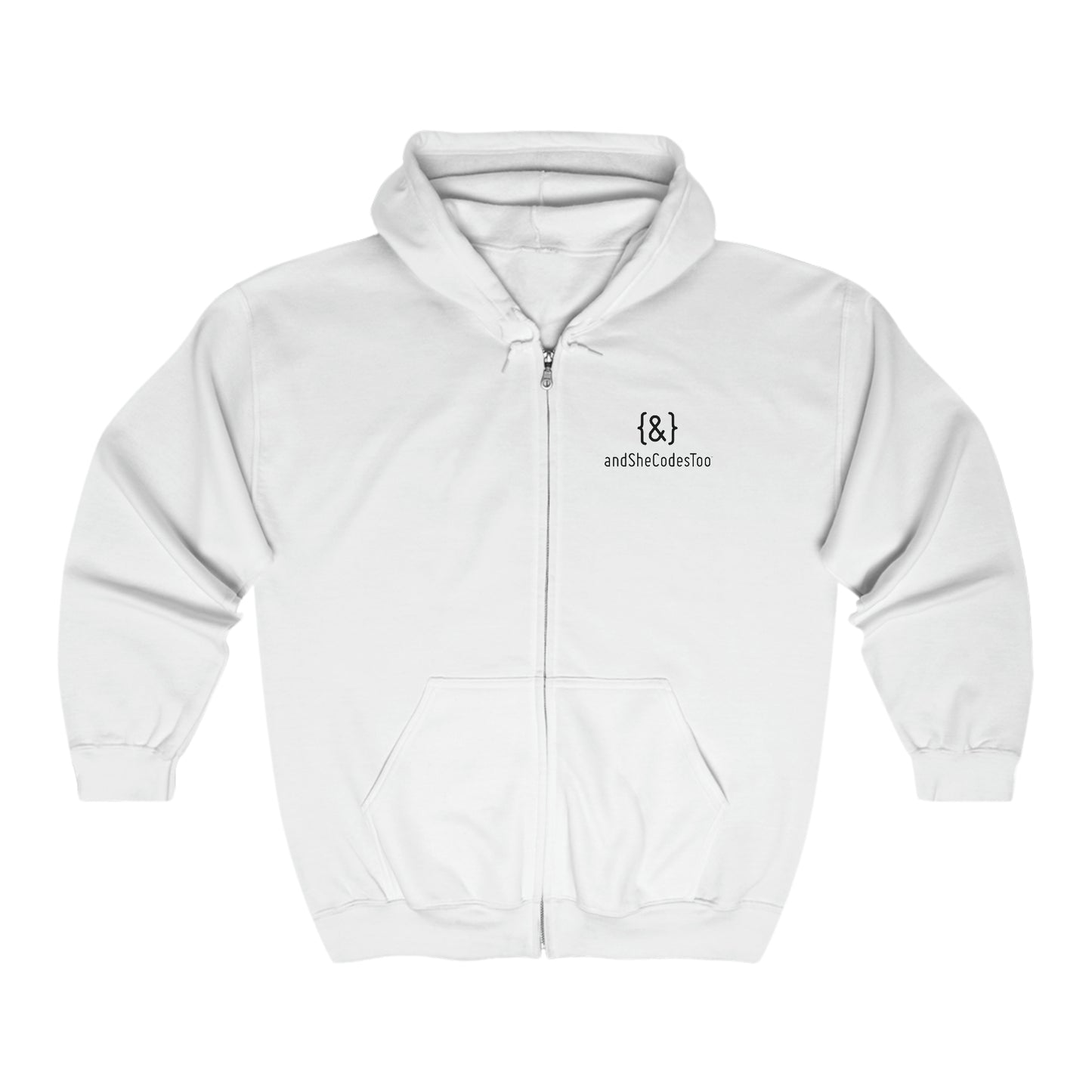XL  - Zip Hoodie White - Black and White Logo - Unicorn on back - QR Code on sleeve