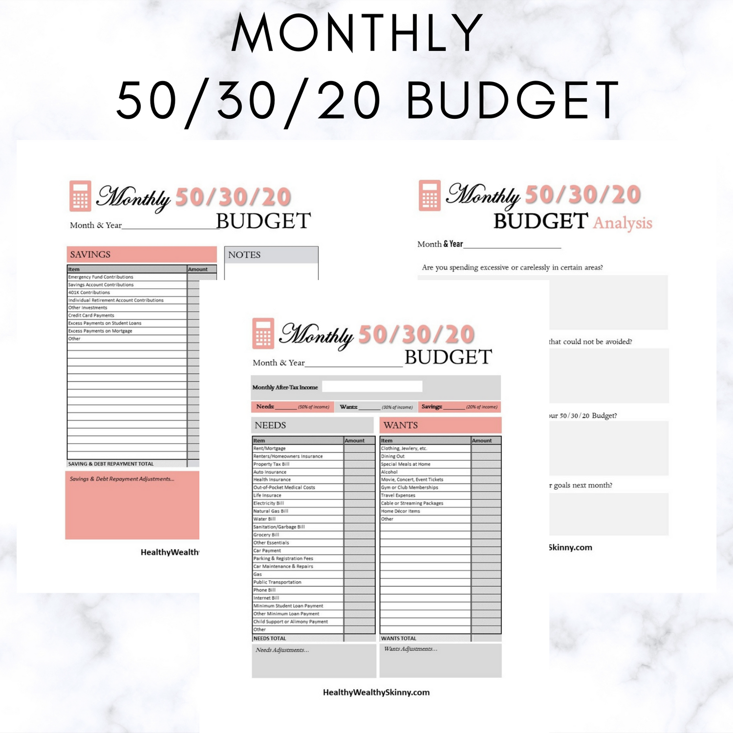 Monthly 50/30/20 Budget Worksheet PDF (Available In Various Colors) - Healthy Wealthy Skinny