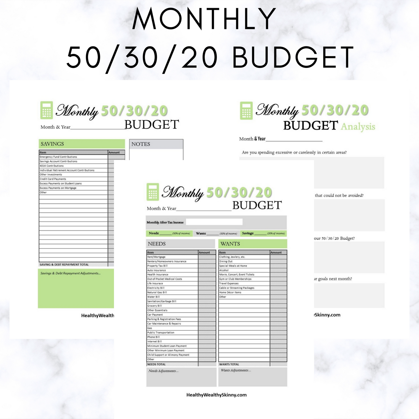 Monthly 50/30/20 Budget Worksheet PDF (Available In Various Colors) - Healthy Wealthy Skinny