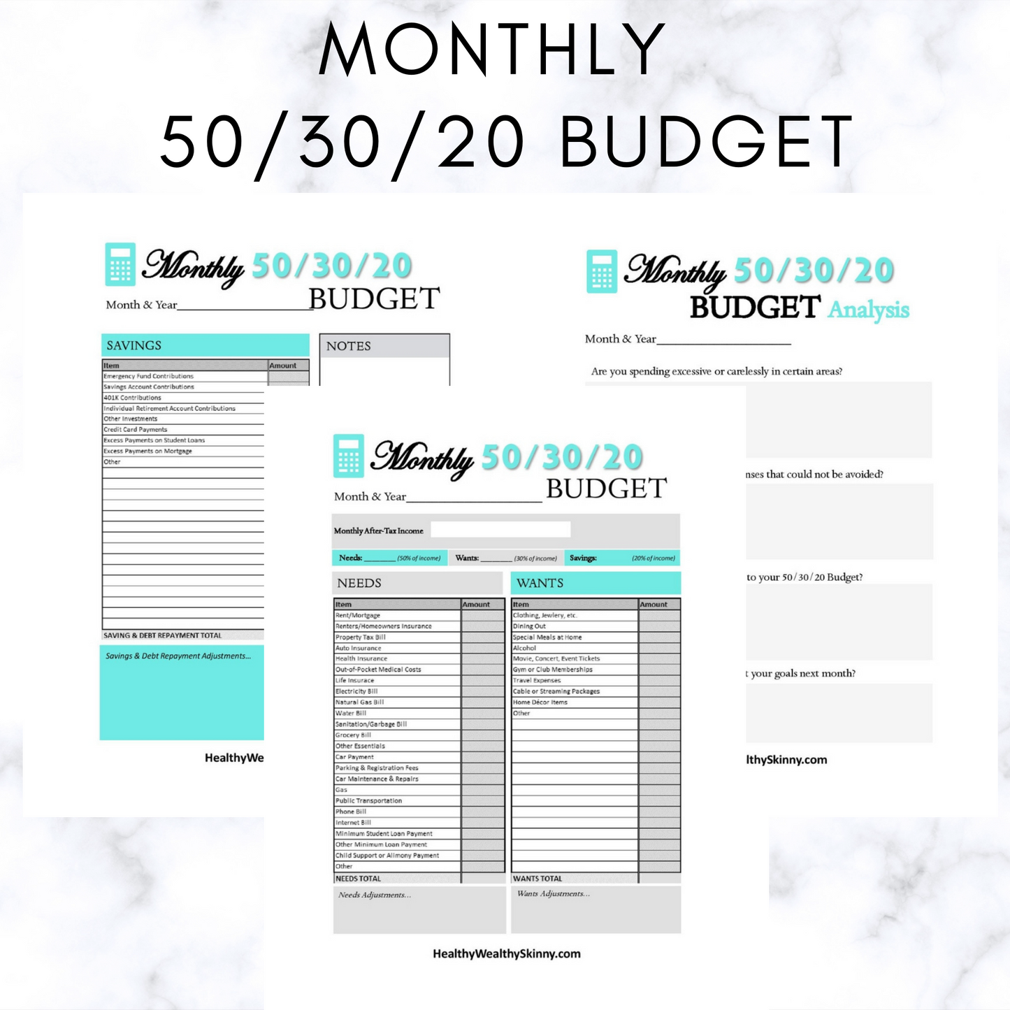 Monthly 50/30/20 Budget Worksheet PDF (Available In Various Colors) - Healthy Wealthy Skinny